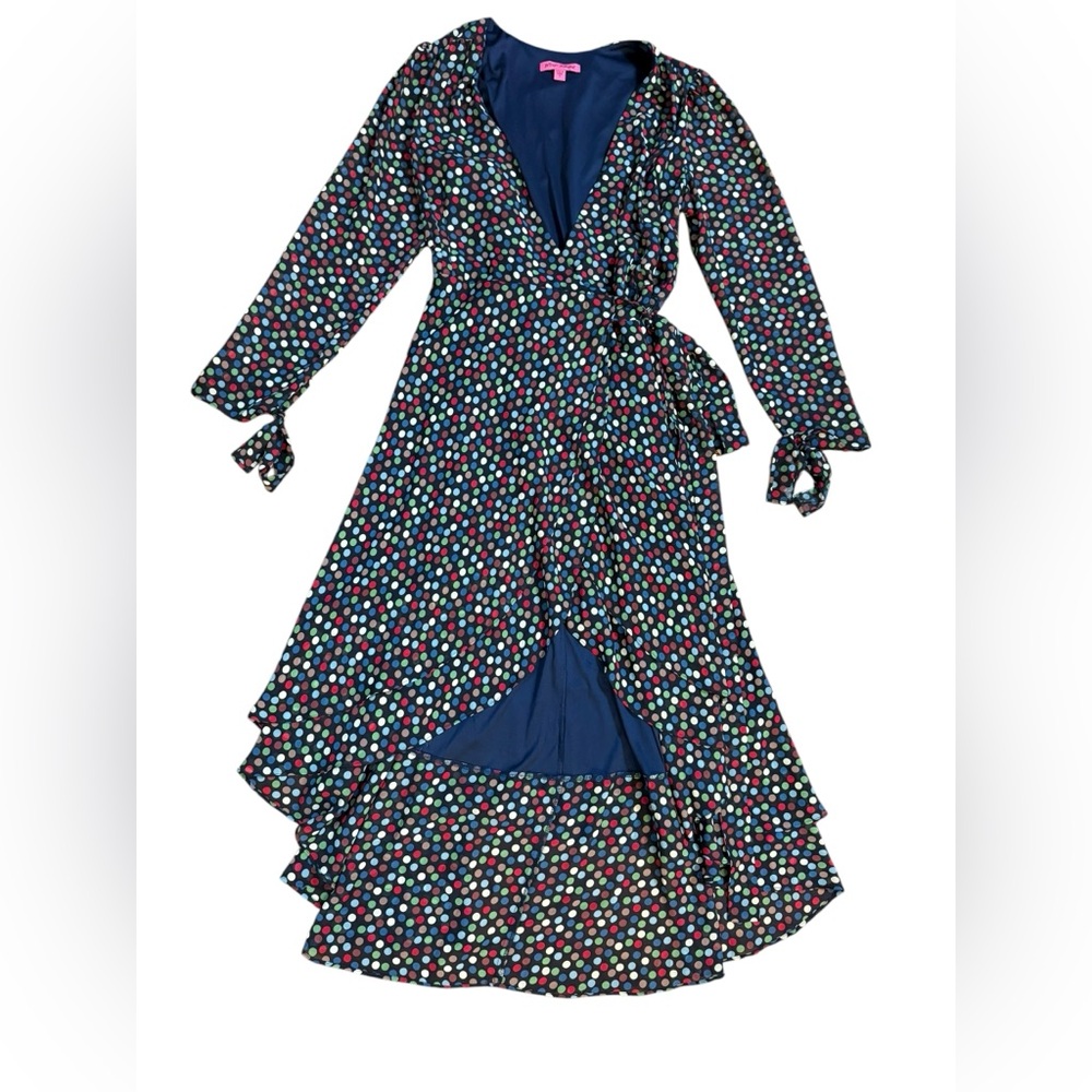 Betsey Johnson Wrap Dress Womens Size 10 Polka Dots High Low Hem‎ Sleeve Tie NEW - Picture 2 of 14